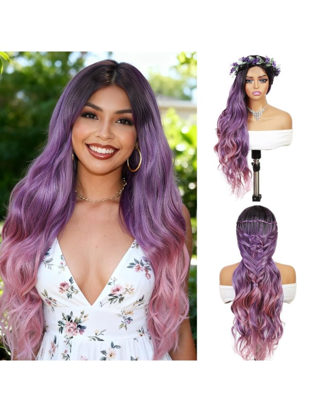 28Inch Women's Fashion Purple Pink Long Synthetic Wavy Curly Wig with Bangs